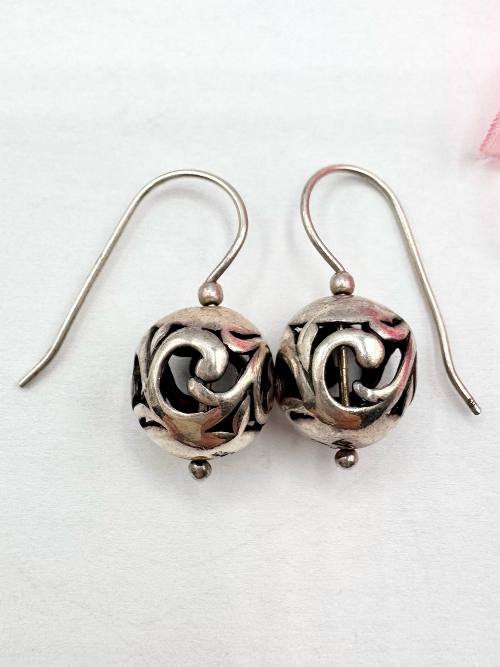 Silpada "Simple Delight" Sterling Silver Filigree Ball Drop Wire Earrings Signed